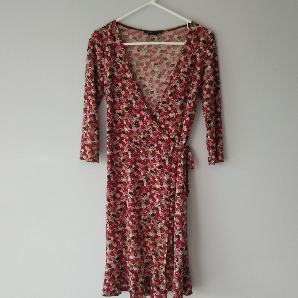 BCBG Max Azria Wrap Dress Long Sleeve V-Neck Lightweight Red Brown Extra Small